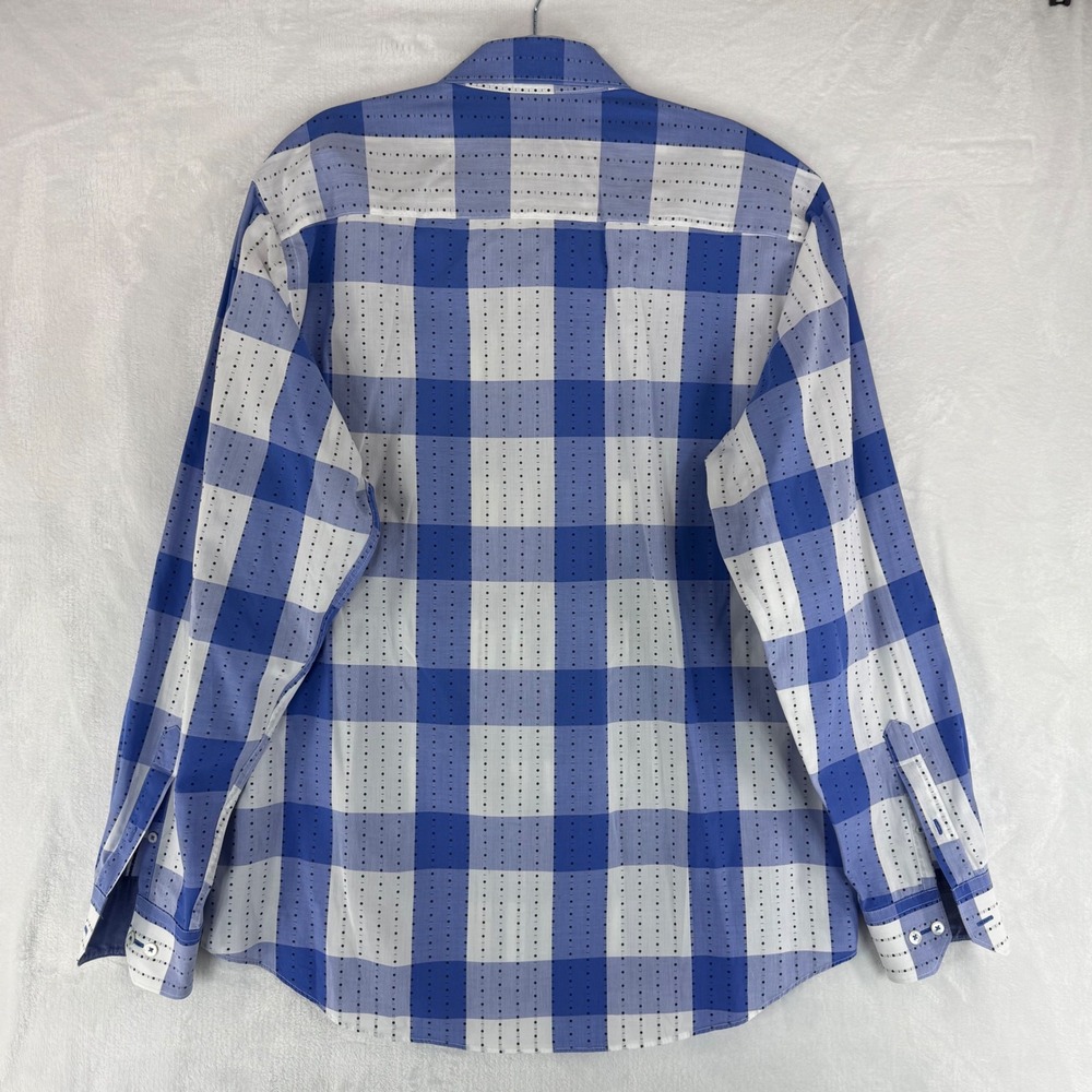 Bugatchi Uomo Mens Blue White Check Dotted Stripe Long Sleeve Button Down Shirt - Picture 2 of 12